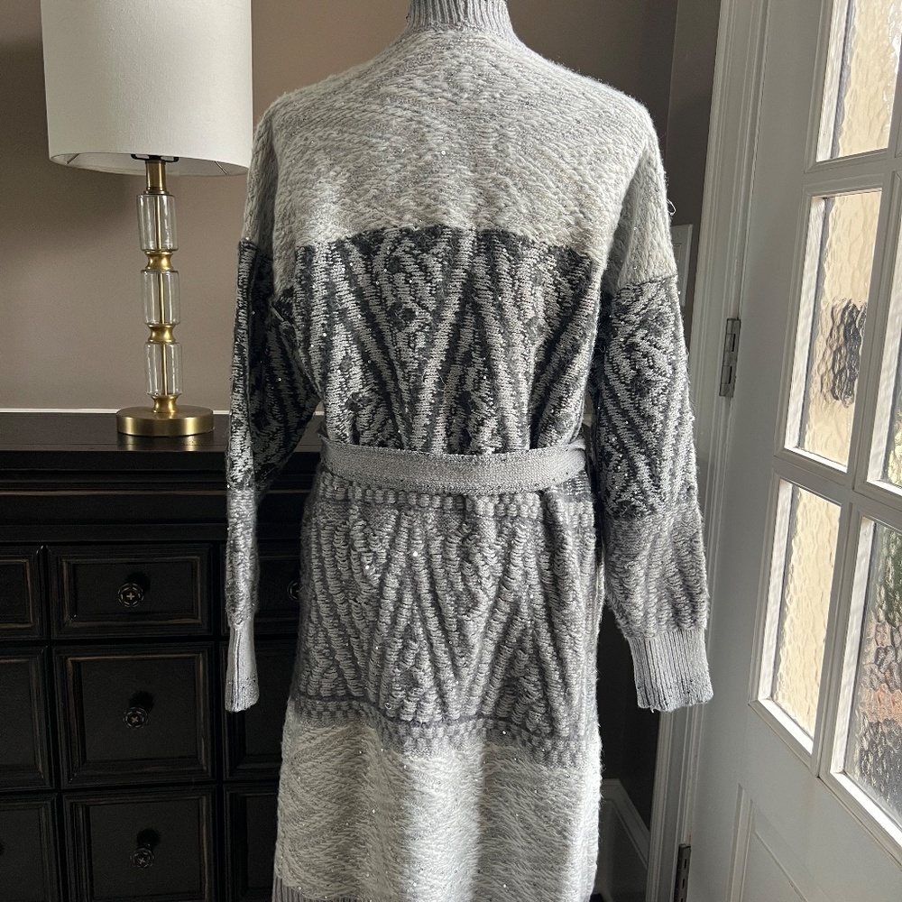 White House Black Market Women's Silver Sparkle Wrap Sweater Top Size L - Picture 2 of 5